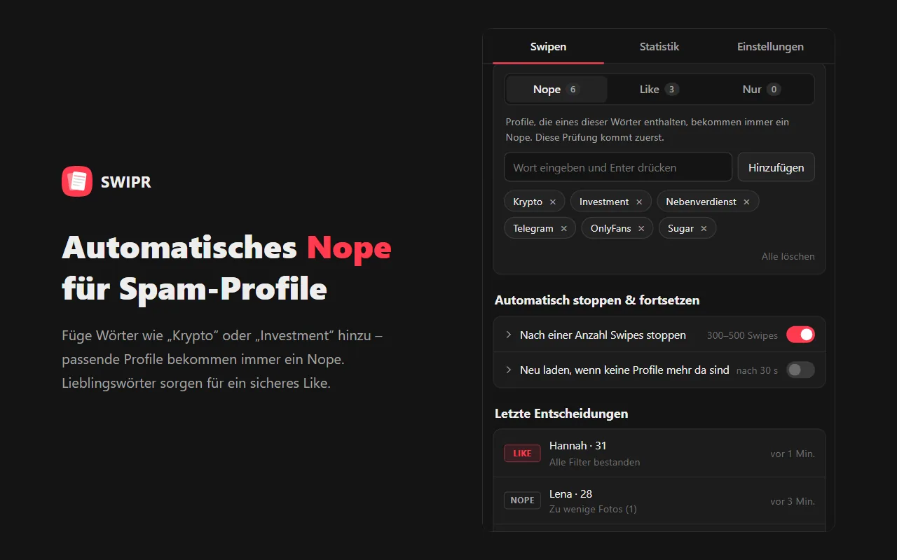 Automatisches Nope für Spam-Profile