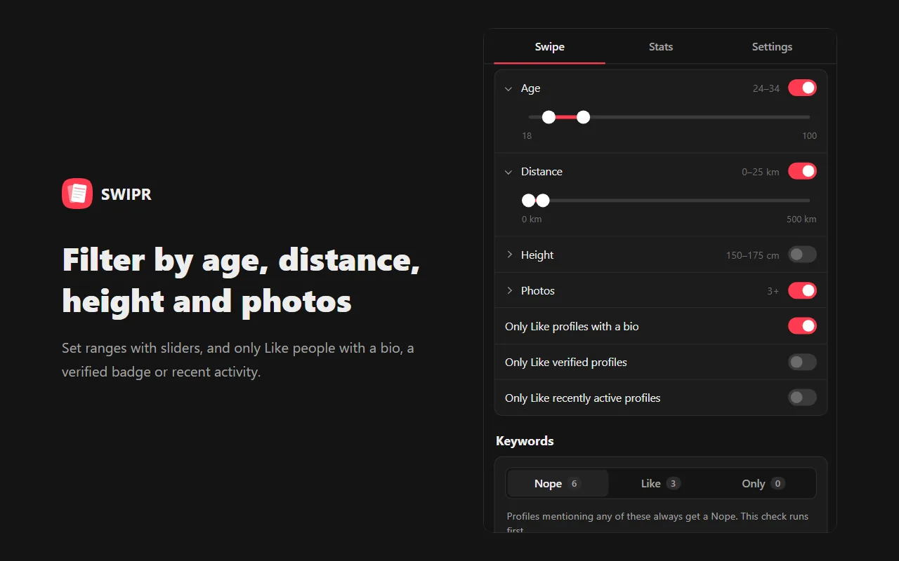 Filter by age, distance, height and photos