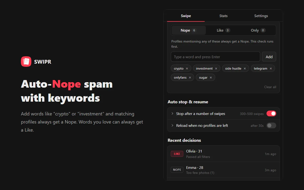 Auto-Nope spam with keywords