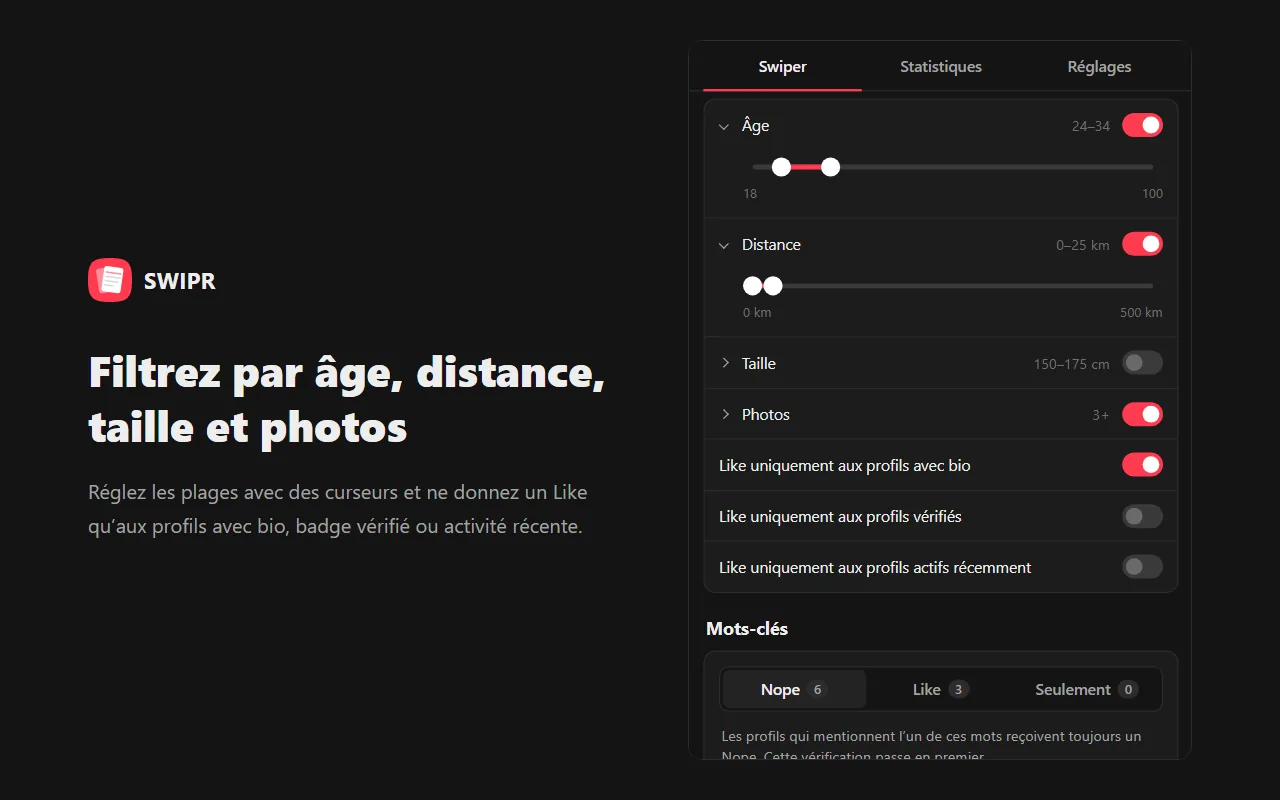 Filtrez par âge, distance, taille et photos
