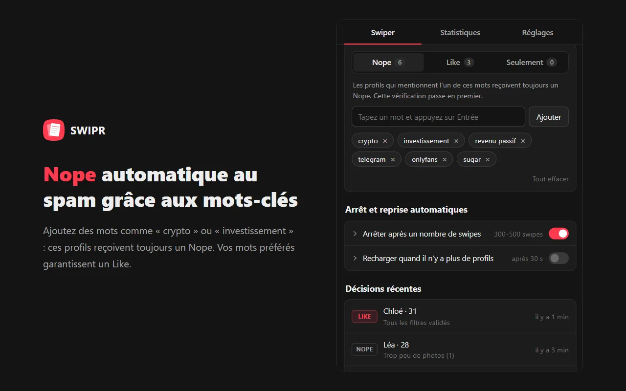 Nope automatique au spam grâce aux mots-clés
