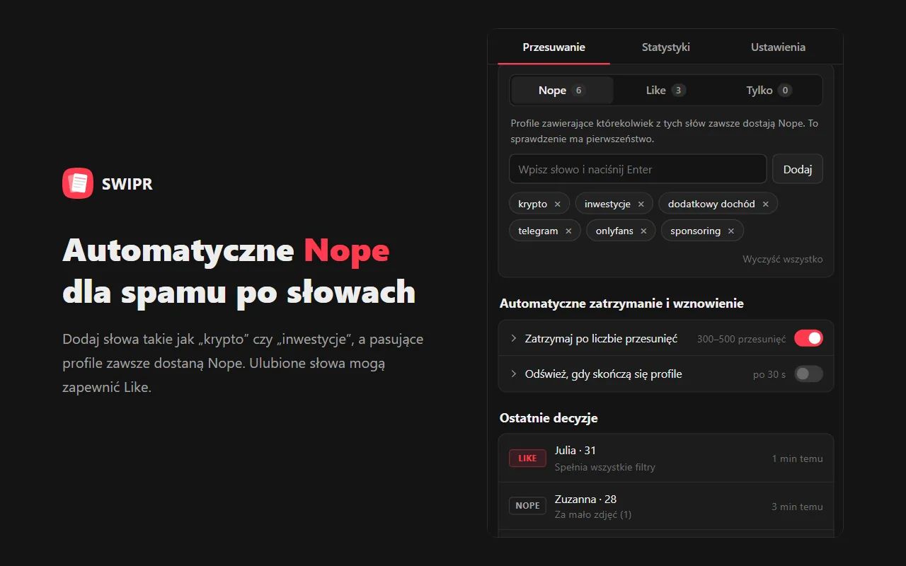 Automatyczne Nope dla spamu po słowach