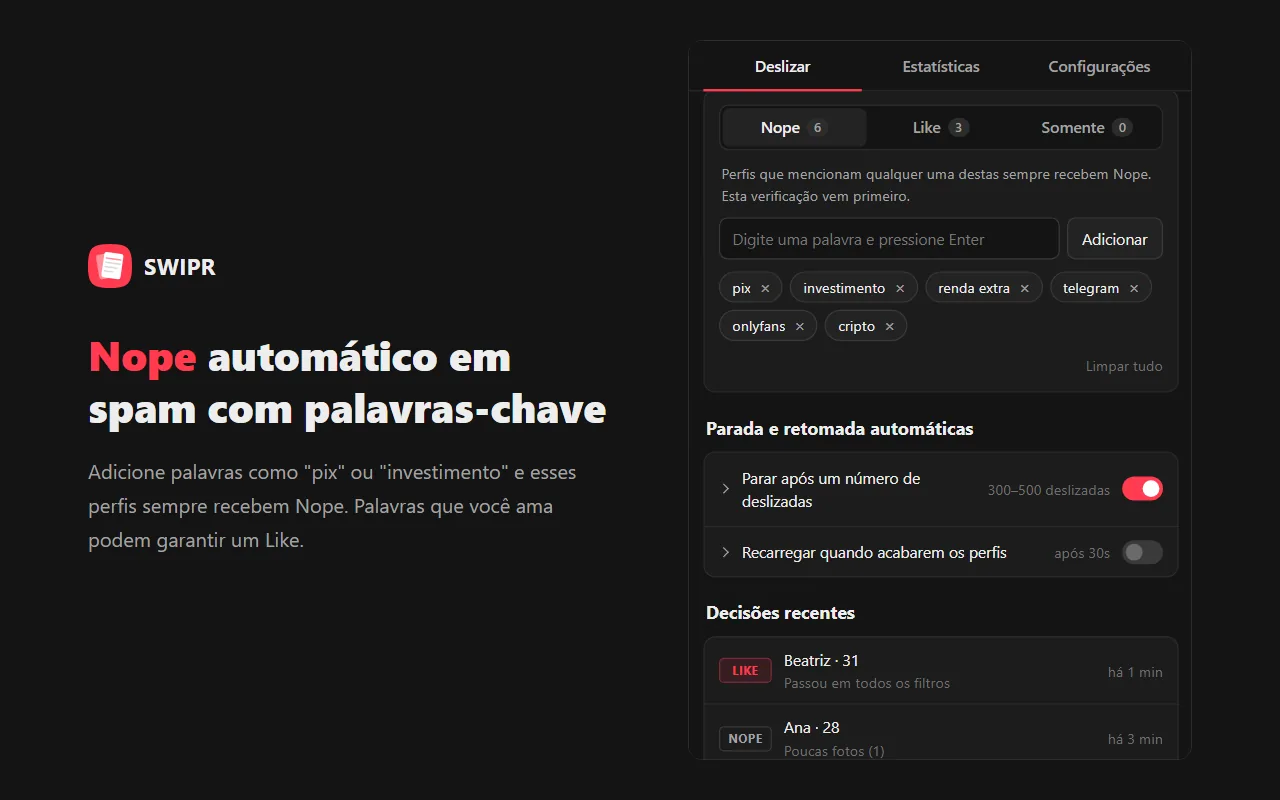 Nope automático em spam com palavras-chave