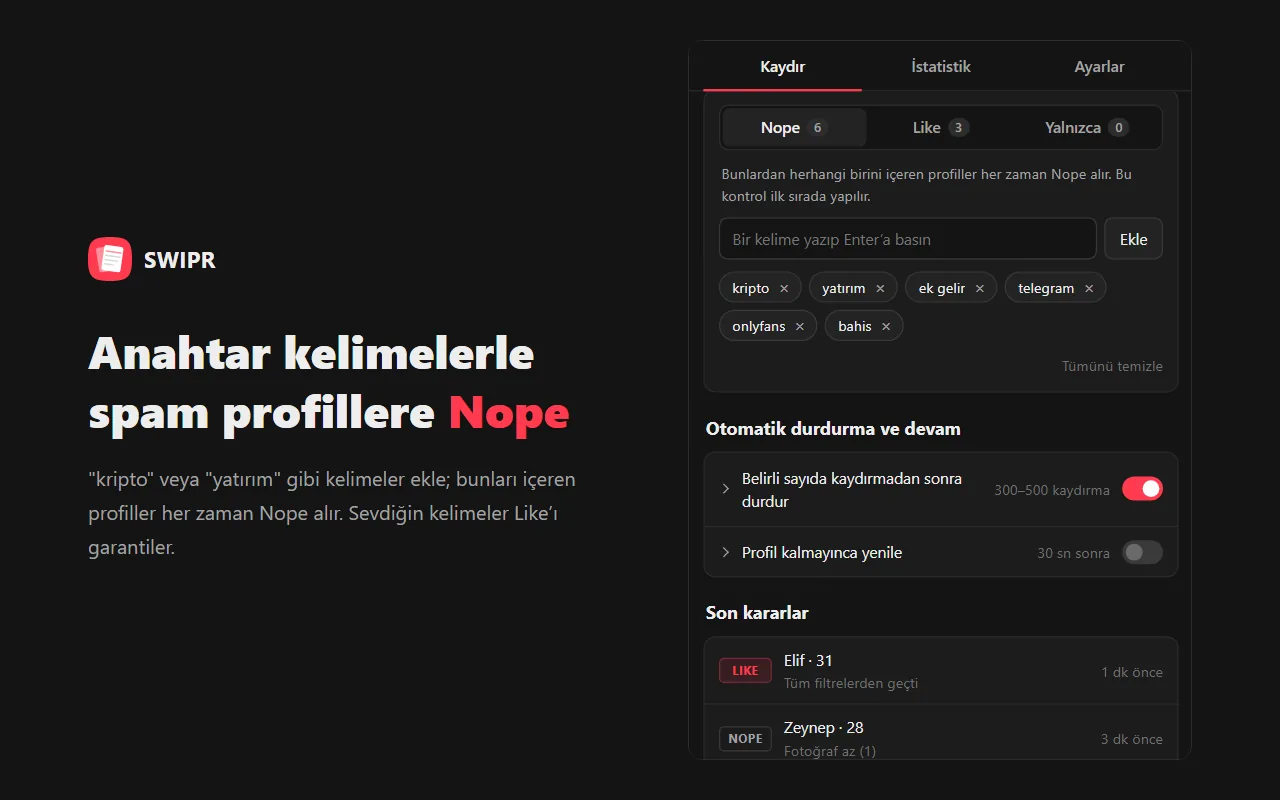 Anahtar kelimelerle spam profillere Nope
